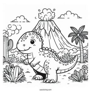 Cute Saltasaurus Dinosaur Coloring Page Of With Volcano In The Background