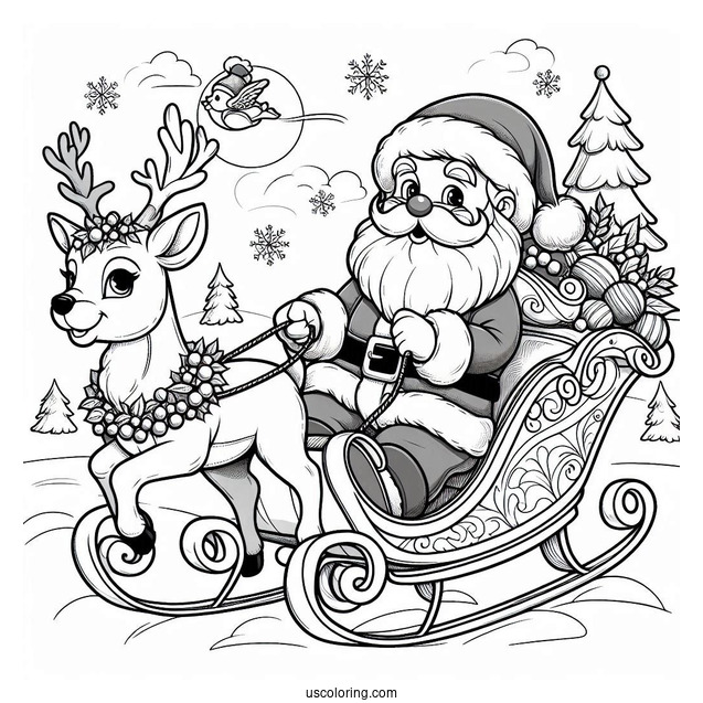 Santa In His Sleigh With Rudolph To Color