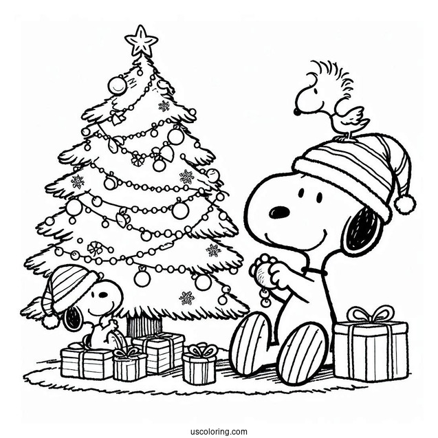 Snoopy And Woodstock Decorating Christmas Tree To Color