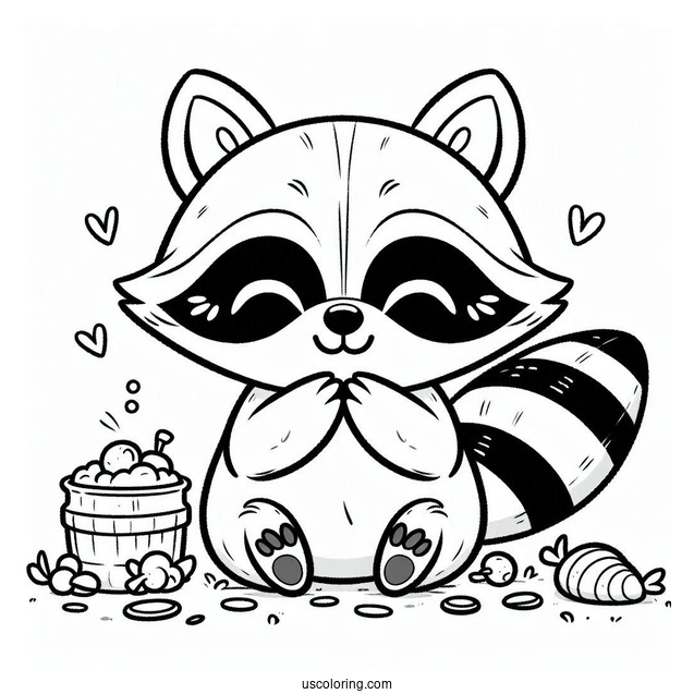 Happy Raccoon Coloring Page With Leftover Food