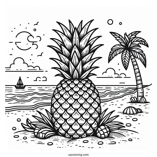 Detailed Pineapple On Beach Coloring Page
