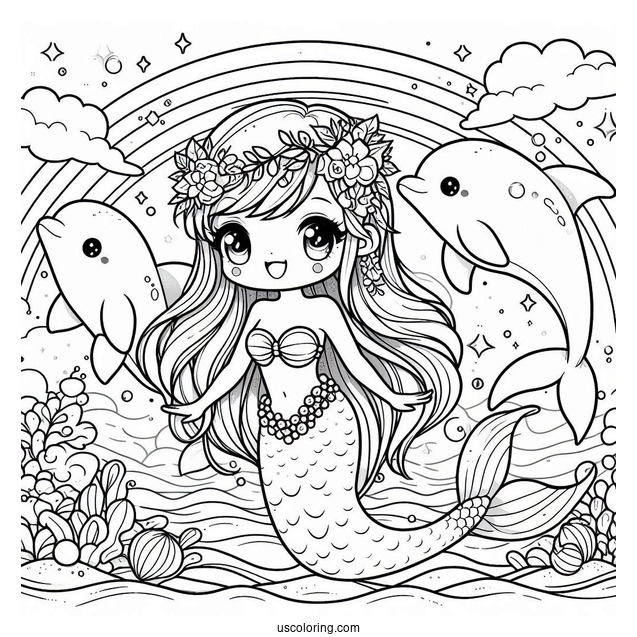 Magical Chibi Coloring Page Mermaid Swimming with Dolphins Under the Sea