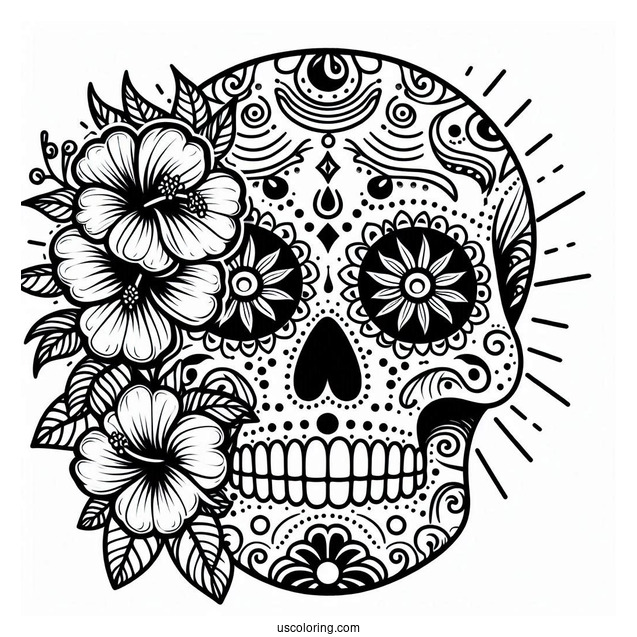 Sun And Hibiscus Patterns On Sugar Skull Eyes Coloring Page