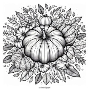 Top Of A Pumpkin Coloring Page Surrounded By Fall Leaves