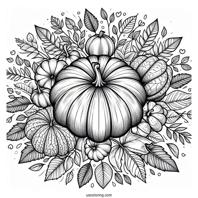 Top Of A Pumpkin Coloring Page Surrounded By Fall Leaves
