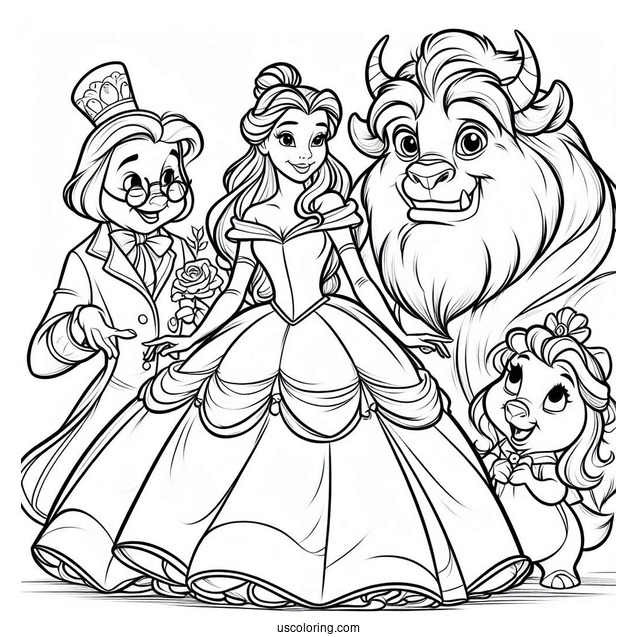 Belle With Cogsworth, Chip, Mrs Potts And The Beast