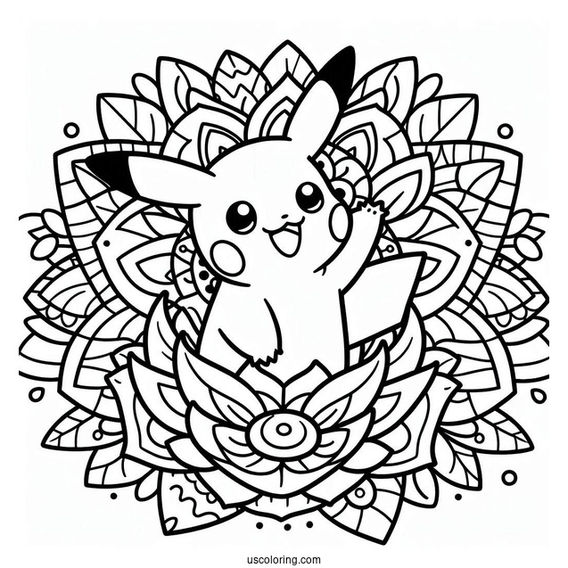 Waving Pikachu Flower Mandala Coloring Sheet