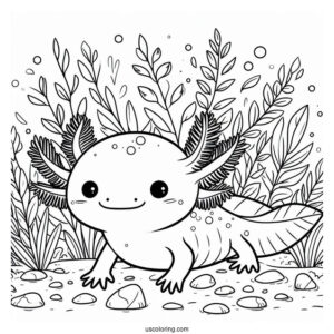 Adorable Little Axolotl Coloring Page Surrounded By Weeds