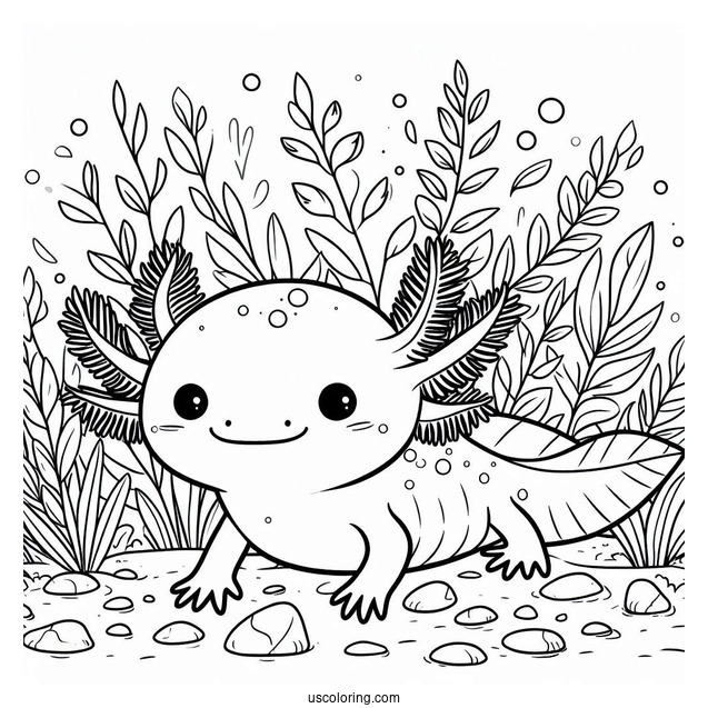 Adorable Little Axolotl Coloring Page Surrounded By Weeds