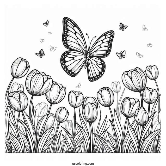 Butterfly Flying Over Field Of Tulips