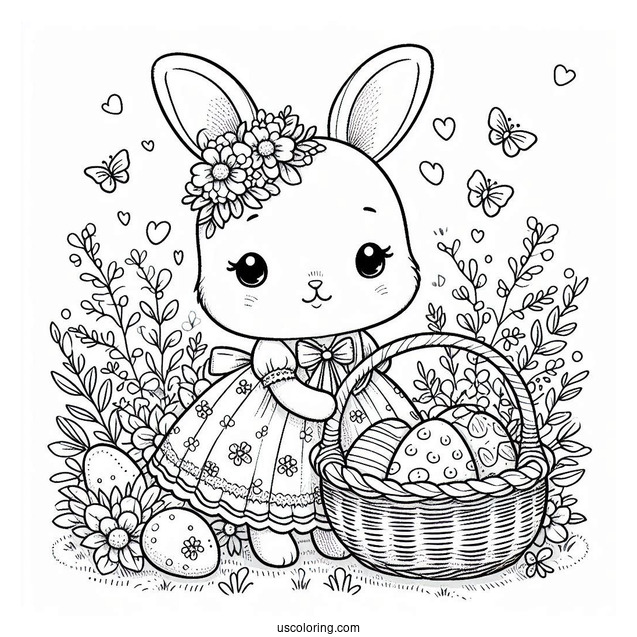 Beautiful Easter Coloring Page Of Bunny In A Dress With A Basket Full Of Eggs