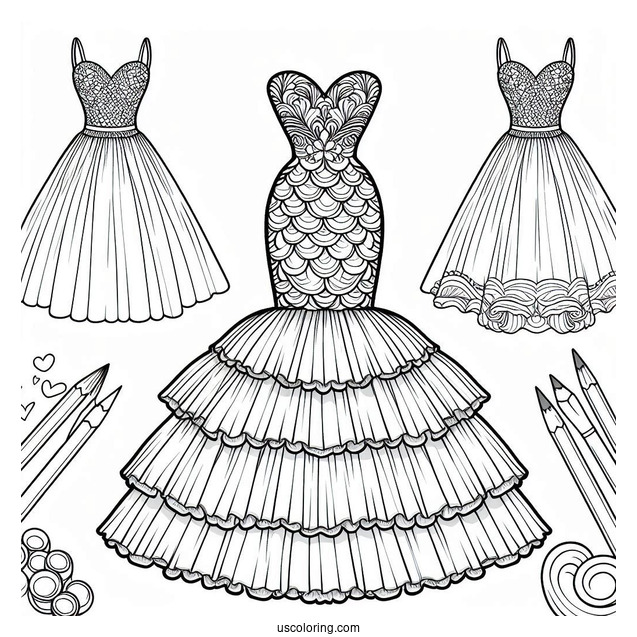 Mermaid Dress Coloring Page With Large Layered Tulle Bottom