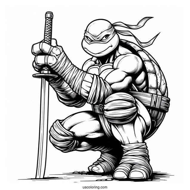 Ninja Turtles Coloring Page Of Leonardo Kneeling On Ground While Holding Katana