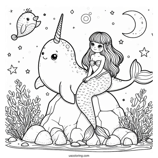 Narwhal Coloring Page And Mermaid Perched On A Rock For Kids