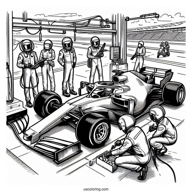 F1 Coloring Page Pit Stop Crew Servicing Race Car
