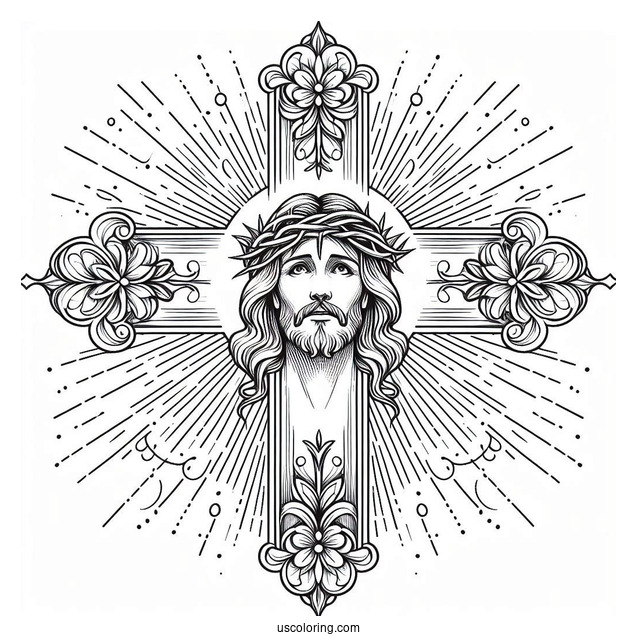 Elegant Cross Coloring Page With Jesus s Face At The Center