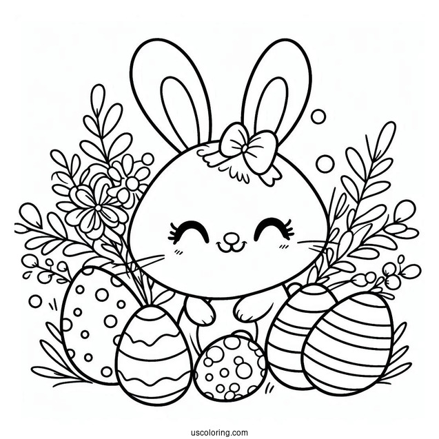 Simple Easter Bunny Coloring Page Outline With Cartoon Eggs