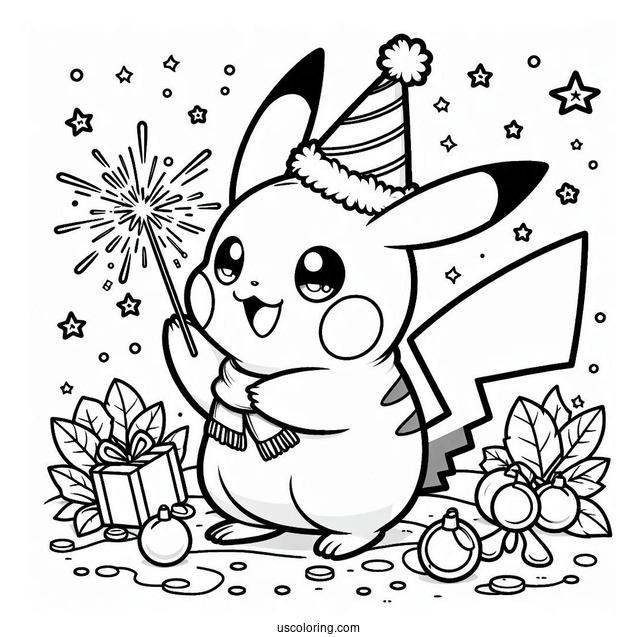 Pikachu With A Party Hat And Sparklers On The New Year Coloring Page For Preschoolers