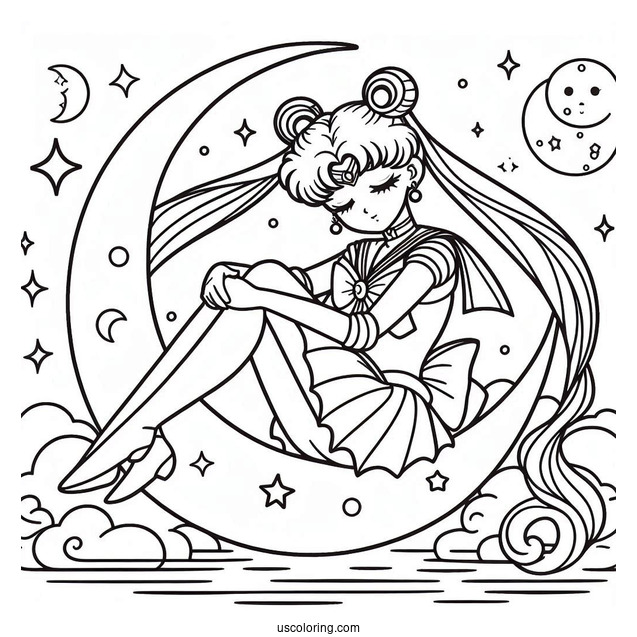 Easy Coloring Page Of Sailor Moon On Crescent Moon