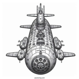 Top View Of Detailed Submarine Coloring Page