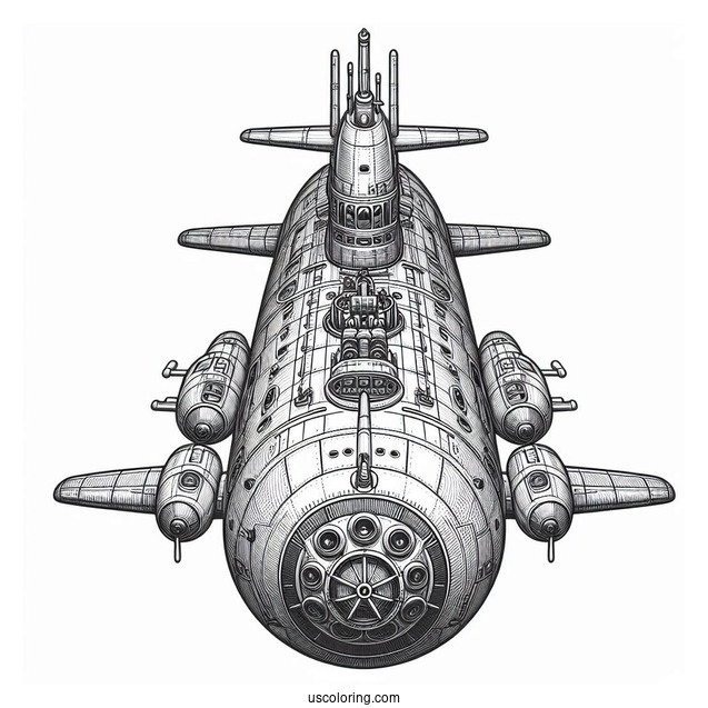 Top View Of Detailed Submarine Coloring Page