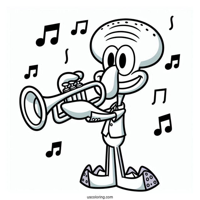 Squidward Coloring Page Playing Trumpet