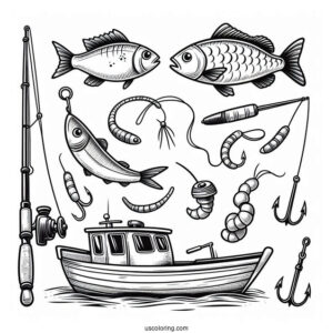 Fishing Coloring Page Rods, Bobber, Hook, Fishes, Worm, And Boat