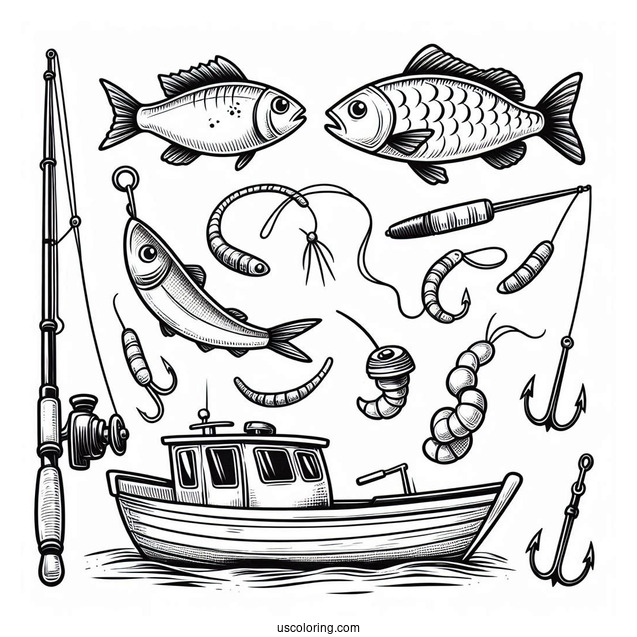 Fishing Coloring Page Rods, Bobber, Hook, Fishes, Worm, And Boat