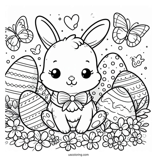 Cute Easter Bunny Coloring Page Surrounded By Eggs