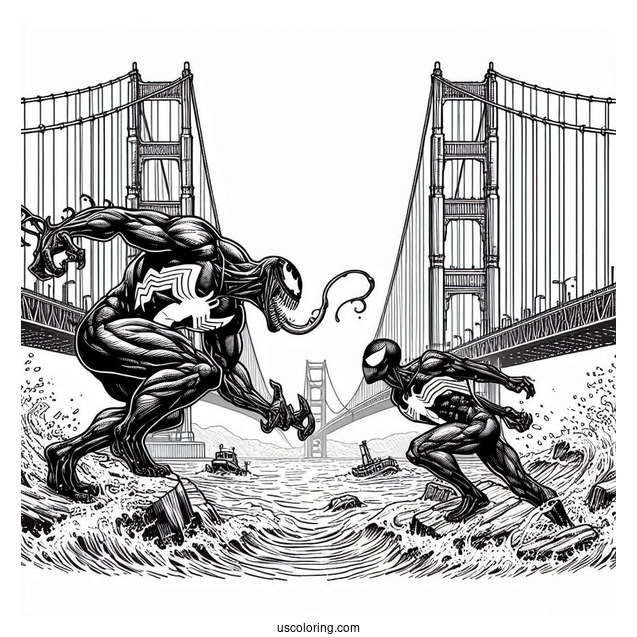 Venom Vs Carnage Coloring Page Fighting On Golden Gate Bridge