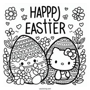 Happy Easter Word Over Hello Kitty And Easter Coloring Page Of Egg For Preschoolers