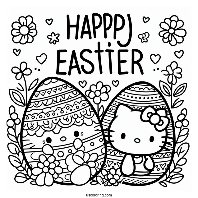 Happy Easter Word Over Hello Kitty And Easter Coloring Page Of Egg For Preschoolers