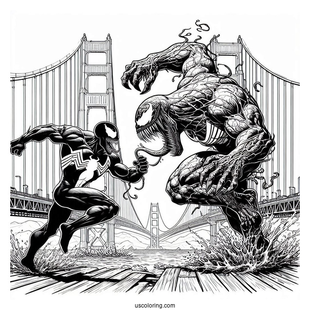 Venom Vs Carnage Coloring Page Fighting On Golden Gate Bridge