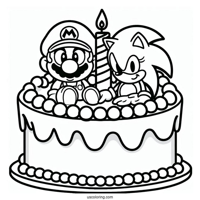 Mario And Sonic Birthday Cake Coloring In For Kids