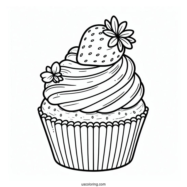 Simple Cupcake With Icing And Strawberry To Color
