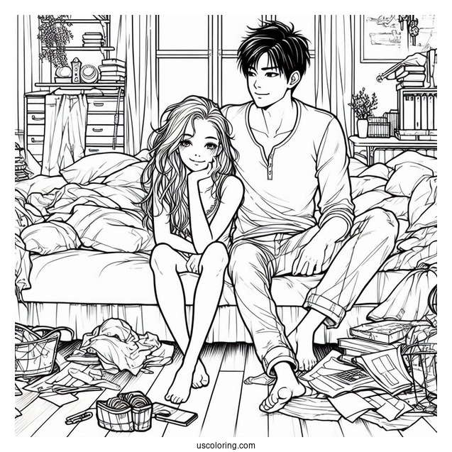 Man And Woman Lounging In A Messy Apartment Bedroom Coloring Page