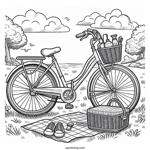 Adult Bicycle Coloring Page Parked Beside Picnic Mat