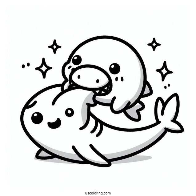 Kawaii Cartoon Shark Play Biting A Sea Lion Coloring Page For Kids
