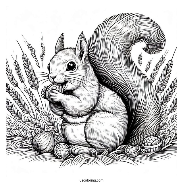 Realistic Squirrel Coloring Page Eating Nut On Field