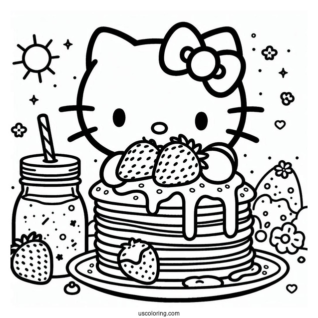 Hello Kitty Holding Massive Pancake Coloring Page With Strawberry Toppings