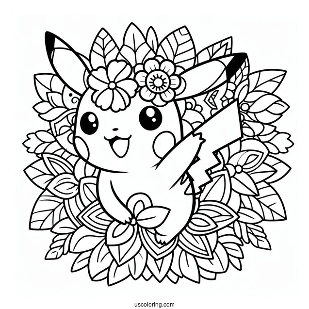 Waving Pikachu Flower Mandala Coloring Sheet