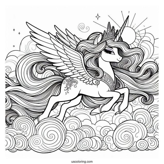 Majestic Princess Celestia Coloring Page Flying In The Clouds