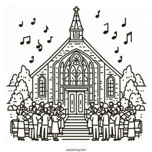 Easy Outline Of Church Coloring Page With Choir For Kids