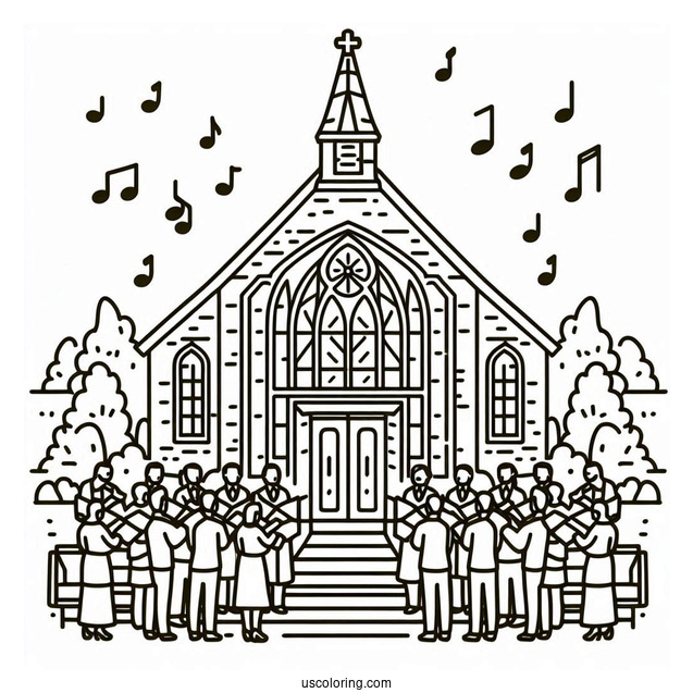 Easy Outline Of Church Coloring Page With Choir For Kids