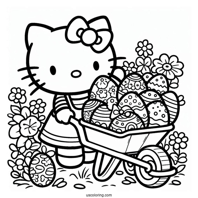 Easter Coloring Page Of Hello Kitty Pulling Wheelbarrow Filled With Easter Eggs For Kids
