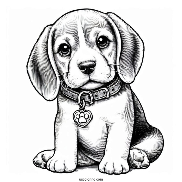 Coloring Page Of Realistic Beagle Puppy With Collar