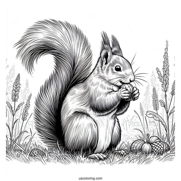 Realistic Squirrel Coloring Page Eating Nut On Field