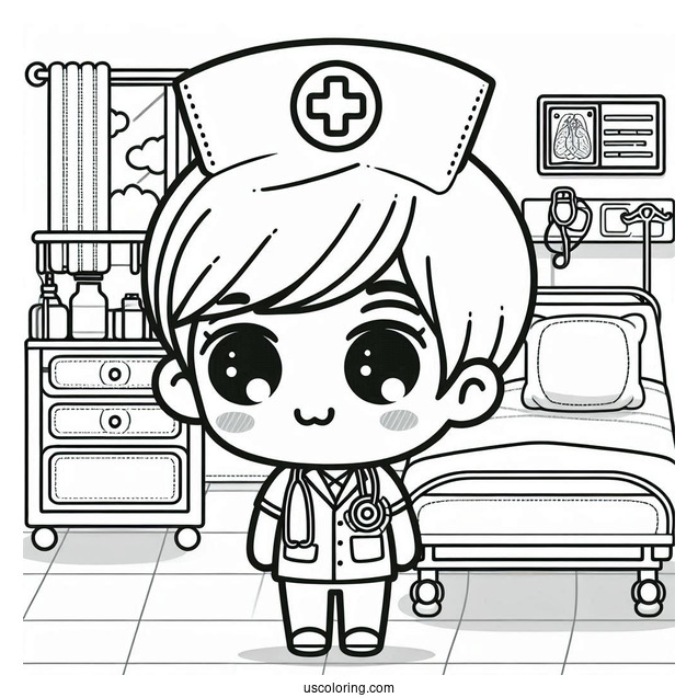 Chibi Coloring Page Nurse in a Hospital Room For Kids