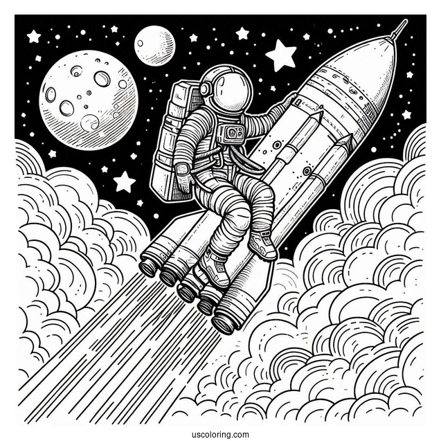 Astronaut Doing Space Walk With Rocket To Color