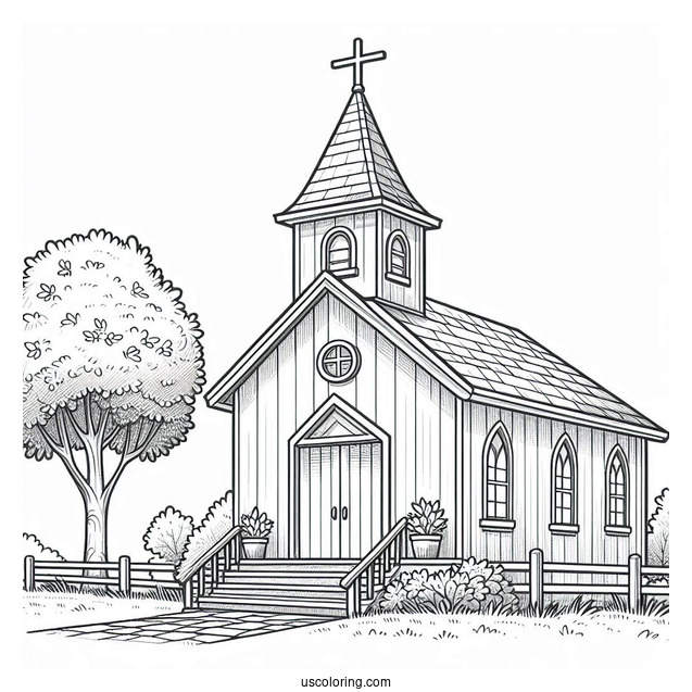 Angled View Of A Small Church Coloring Page Building